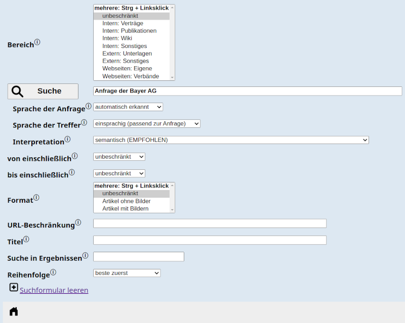 Suchmaske einer Enterprise-Installation von SEMPRIA-Search.